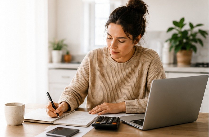 Woman reviewing finances at a table with a laptop, calculator, and notebook