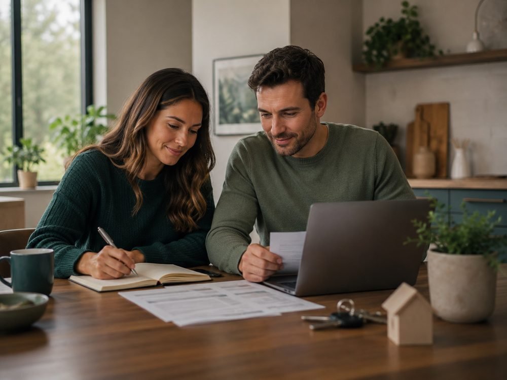 Couple reviewing home buying numbers together